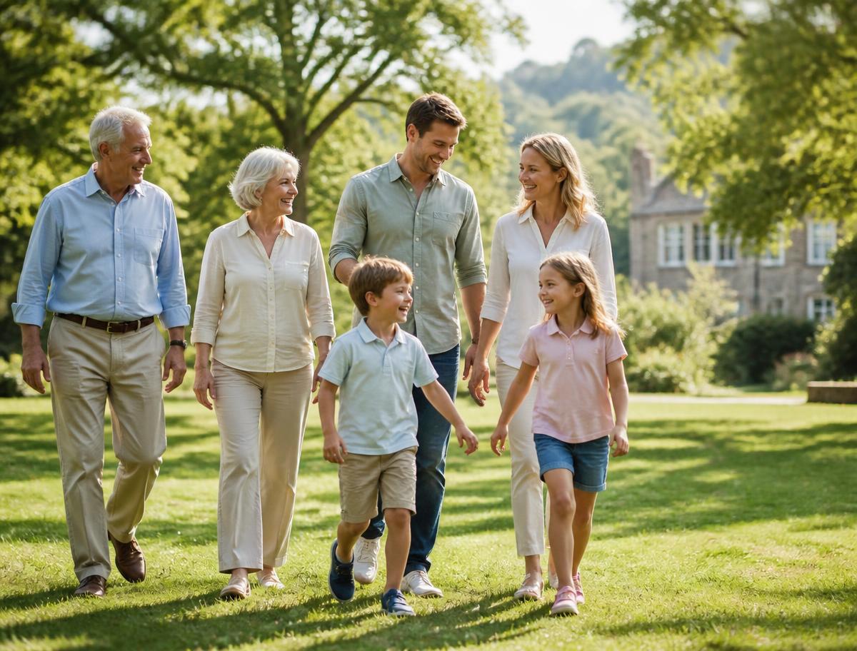 Three generations of a family walking together in a sunlit park